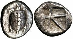ANCIENT COINS GREEK Aegina No.: 47 Estimate: £ 600 Aegina, Stater, c.490-456, turtle, rev incuse square divided by broad flat bands into five irregular compartments, 11.29g (cf SNG Cop 507; cf SNG Del