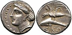 ANCIENT COINS GREEK Paphlagonia No.: 54 Estimate: £ 350 Sinope, Drachm, c.400-370 BC, head of nymph left, wearing earring and necklace, hair in sakkos, rev SINW, sea eagle on dolphin left, magistrate’