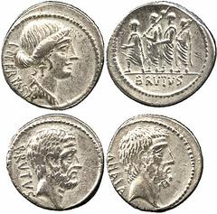 ANCIENT COINS ROMAN A COLLECTION OF ROMAN REPUBLICAN DENARII No.: 114 Estimate: £ 150 Denarii (2), M. Junius Brutus, 54 BC, LIBERTAS, bust of Liberty right, rev BRVTVS, the consul L. Junius Brutus wal