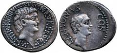 ANCIENT ROMAN IMPERATORIAL AND IMPERIAL SILVER COINS, Mark Antony and Lucius Antony (brother of Mark Antony), Denarius, Ephesus, 41 BC, M ANT IMP AVG III VIR R P C M NERVA PRO Q P, bare head of Antony