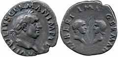 ANCIENT ROMAN IMPERATORIAL AND IMPERIAL SILVER COINS, Vitellius (AD 69), Denarius, A VITELLIVS GERMAN IMP TR P, laureate head right, rev LIBERI IMP GERMAN, busts of Vitellius’s son, Germanicus, on lef