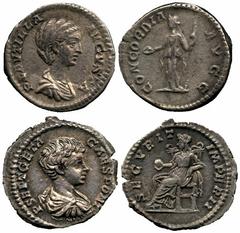 ANCIENT ROMAN IMPERATORIAL AND IMPERIAL SILVER COINS, Plautilla (wife of Caracalla), Denarius, AD 202, PLAVTILLA AVGVSTA, draped bust right, rev CONCORDIA AVGG, Concordia standing left, holding patera