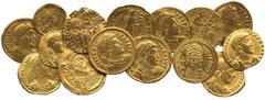 Ancient and Medieval Gold (15), Roman Solidi (10), including Julian II as Caesar, Antioch (RIC 171, R4); Byzantine Solidi (2) and Tremissis, Venetian Ducats (2), total weight 56.57g. All ex-mount, all