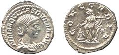 ANCIENT COINS, ROMAN IMPERIAL COINS, Aquilia Severa, second wife of Elagabalus Aquilia Severa, Denarius, 3.23g, AD 221, IVLIA AQVILIA SEVERA AVG, draped bust right, rev CONCORDIA, Concordia standing l