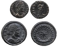 ANCIENT COINS, ROMAN IMPERIAL COINS, Helena, mother of Constantine Helena, Follis, 3.46g, Thessalonica, AD 318-319, HELENA N F, bust right, rev star in wreath (RIC VII, 50); Theodora, second wife of C