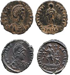 ANCIENT COINS, ROMAN IMPERIAL COINS, Theodosius I (AD 379-395) Theodosius I, AE 2, 5.31g, Antioch AD 383-388, DN THEODOSIVS PF AVG, Emperor in crested helmet right, holding spear and shield, rev GLORI
