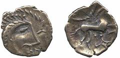 ANCIENT BRITISH COINS Iceni, Boudicca (?) (c.AD 61), Unit, 1.25g, celticised head right, two trefoils before, rev celticised horse right, large wheel-like object above, lozenge-shaped box below (VA 79