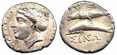 Ancient Coins. Paphlagonia, Sinope (c.400-370 BC), Drachm, head of nymph left, wearing earring and necklace, hair in sakkos, rev SINW, sea eagle on dolphin left, magistrate’s name A[…] to upper right,