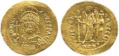 ANCIENT COINS. Justinian I (527-565), Gold Solidus, Constantinople, officina I, D N IVSTINIANVS P P AV, helmeted and cuirassed bust facing, holding orb and shield, rev VICTORIA AVGGG, angel standing f