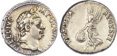 Ancient Coins Vitellius (AD 69) AR Denarius, Tarraco, 3.52g. Laureate head of Vitellius right. Rev. Victory left, holding shield inscribed SP/QR. (RIC 62). Good Very Fine. Rare.