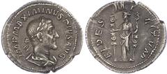 Ancient Coins Maximinus Thrax (AD 235-238) AR Denarius, Rome, AD 236-238, 2.58g. Laureate and draped bust of Maximinus right. Rev. Fides Militum standing, holding two standards. (RIC 18a). Good Very F