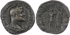 Ancient Coins Maximinus Thrax (AD 235-238) AE Sestertius, Rome, AD 238, 19.81g. Laureate and draped bust of Maximinus right. Rev. Emperor standing left, flanked by three standards. (RIC 40). Good Very