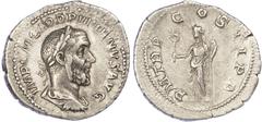 Ancient Coins Pupienus (AD 238) AR Denarius, Rome, 3.29g. Laureate and draped bust of Pupienus right. Rev. Felicitas standing left, holding sceptre and caduceus. (RIC 6). Good Very Fine.