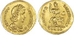 Ancient Coins Theodosius I (AD 379-395) AV Solidus, Constantinople, 4.46g. Diademed, draped and cuirassed bust of Theodosius right. Rev. Constantinopolis seated facing, holding globe and sceptre. (RIC