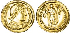 Coins Ancient Rome Valentinian I (AD 364-375) AV Solidus, Antioch, c. AD 364, 4.40g. Diademed, draped and cuirassed bust of Valentinian right. Rev. Emperor standing left, head right, holding labarum a