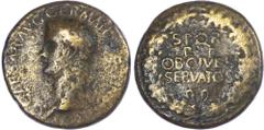 Coins Ancient Rome Caligula (AD 37-41) AE Sestertius, Rome, AD 37-38, 21.89g. Laureate head of Caligula left. Rev. SPQR / P P / OB CIVES / SERVATOS, within a laurel wreath. (RIC 37). Fair. Heavily wor