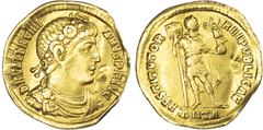 Coins Ancient Rome Valentinian I (AD 364-375) AV Solidus, Antioch, c. AD 365, 4.20g. Diademed, draped and cuirassed bust of Valentinian right. Rev. Emperor standing left, head right, holding labarum a