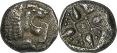 ANCIENT COINS Greece, Ionia, Milet, DiobolGreeceIonia, Milet, Diobol 525-475 BCObverse: head of lion right Reverse: ornament in the form of a four-leaf flower inside an incusum squareDiameter 9 mm, we