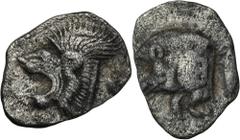 ANCIENT COINS Greece, Mysia, Kyzikos, ObolGreeceMysia, Kyzikos, Obol 480-400 BCObverse: head of roaring lion leftReverse: forepart of running boar left, tunny fish swimming upwards behindDiameter 13 m
