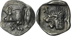 ANCIENT COINS Greece, Mysia, Kyzikos, ObolGreeceMysia, Kyzikos, Obol 450-400 BCObverse: forepart of boar left, tunny to rightReverse: head of lion left, retrograde K aboveDiameter 10 mm, weight 0.79 g