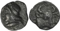 ANCIENT COINS Greece, Mysia, Kyzikos, HemiobolGreeceMysia, Kyzikos, Hemiobol, 450-400 BCObverse: head of Attis to left, wearing Phrygian capReverse: head and neck of bull to rightDiameter 8 mm, weight