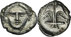 ANCIENT COINS Greece, Thrace, Apollonia Pontica, DiobolGreece Thrace, Apollonia Pontica, Diobol 410-341 BCObverse: head of Medusa facingReverse: upturned anchor, A to left, crayfish to rightDiameter 1