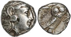 ANCIENT COINS Greece, Attica, Athens, TetradrachmGreeceAttica, Athens, Tetradrachm 393-355 BCObverse: head of Athena in the helmet facing rightReverse: owl standing to the right, with its head turned 