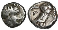 ANCIENT COINS Greece, Attica, Athens, TetradrachmGreeceAttica, Athens, Tetradrachm 393-355 BCObverse: head of Athena in the helmet facing rightReverse: owl standing to the right, with its head turned 