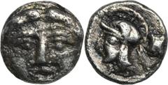 ANCIENT COINS Greece, Pisidia, Selge, ObolIn the catalog, the coin is described as a barbaric imitation. Greece Pisidia, Selge, Obol 350-300 BC Obverse: facing gorgoneion with protruding tongueReverse