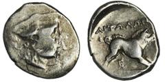 ANCIENT COINS Greece, Aetolia, Aetolian League, HemidrachmGreeceAetolia, Aetolian League, Hemidrachm 205-170 BCObverse: head of Aitolos right, wearing kausiaReverse: Calydonian boar right, monograms b