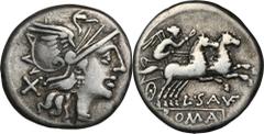 ANCIENT COINS Roman Republic, L. Saufeius, DenariusRoman Republic L. Sauferius (152 BC), Denarius 152 BC, Rome mintObverse: helmeted head of Roma to right, helmet decorated with circular device, X on 