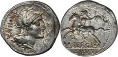 ANCIENT COINS Roman Republic, M. Sergius Silus, DenariusThe reverse of the coin depicts the grandfather of the triumvir, M. Sergius Silanus, a roman hero who lost his right arm in the battles against 