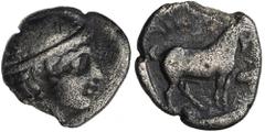 ANCIENT COINS Greece, Thrace, Ainos, DiobolGreeceThrace, Ainos, Thrace, Diobol 408-406 BC Obverse: head of Hermes to right, wearing petasosReverse: goat walking to right, AINI above, crab below forele