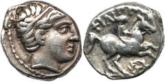 ANCIENT COINS Greece, Macedonia, Philip II, 1/5 TetradrachmGreece, Macedonia Philip II (359-336 BC), 1/5 Tetradrachm 323-316 BC, Amphipolis mint Obverse: head of Appolo facing right Reverse: Youth on 
