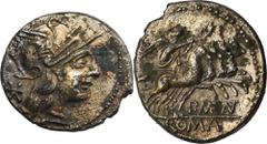 ANCIENT COINS Roman Republic, P. Maenius Antias, DenariusRoman Republic P. Maenius Antias, Denarius 132 BC, Rome mintObverse: helmeted head of Roma to right, helmet decorated with circular device, X i
