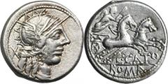 ANCIENT COINS Roman Republic, C. Porcius Cato, DenariusRoman RepublicC. Porcius Cato (123 BC), Denarius 123 BC, Rome mint Obverse: Roma head facing right, behind it the mint mark X Reverse: Victory in