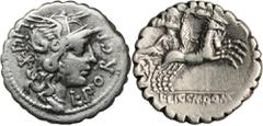 ANCIENT COINS Roman Republic, Cn. Domitius Ahenobarbus, L. Licinius Crassus, L. Porcius Licinius, DenariusRoman RepublicCn. Domitius Ahenobarbus, L. Licinius Crassus, L. Porcius Licinius, Denarius 118