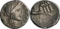 ANCIENT COINS Roman Republic, Q. Curtius & M. Silanus, DenariusRoman Republic Q. Curtius, M. Silanus, Cn. Domitius Ahenobarbus (116-115 BC), Denarius 116-115 BC, Rome mint Obverse: helmeted head of Ro