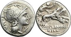 ANCIENT COINS Roman Republic, L. Flaminius Chilo, DenariusRoman RepublicL. Flaminius Chilo (109-108 BC), Denarius 109-108 BC, Rome mint Obverse: Roma head facing right, behind it the mint mark XROMA R