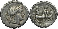ANCIENT COINS Roman Republic, C. Naevius Balbus, Denarius serratusObverse and reverse scratched.Roman RepublicC. Naevius Balbus (79 BC), Denar serratus 79 BC, Rome mint Obverse: diademed head of Venus