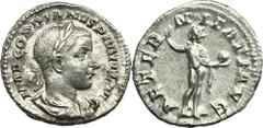 ANCIENT COINS Roman Imperial, Gordian III, DenariusRoman ImperialGordian III (238-244), Denarius 241, Rome mint Obverse: laureate, draped and cuirassed bust rightIMP GORDIANVS PIVS FEL AVGReverse: Sol