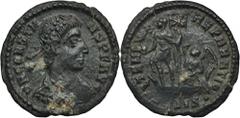ANCIENT COINS Roman Imperial, Constans, FollisRoman ImperialConstans (337-350), Follis 348-350, Siscia mintObverse: pearl diademed, draped, cuirassed bust rightDN CONSTANS PF AVGReverse: Constans stan
