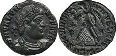 ANCIENT COINS Roman Imperial, Valens, FollisRoman Imperial Valens (364–378), Follis 367-375, Siscia mint Obverse: pearl-diademed, draped and cuirassed bust right DN VALENS P F AVG Reverse: Victoria ad