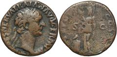 ANCIENT COINS Roman Imperial, Trajan, AsRoman ImperialTrajan (98-117), As 98-99, Rome mint Obverse: laureate head rightIMP CAES NERVA TRAIAN AVG GERM P MReverse: Pietas standing left, right hand raise