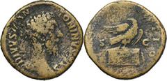 ANCIENT COINS Roman Imperial, Marcus Aurelius, Posthumous SestertiusPosthumous commemorative minted under Commodus (180-192). Marcus Aurelius (161-180), Posthumous Sestertius 180, Rome mint Obverse: b