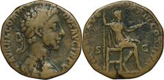 ANCIENT COINS Roman Imperial, Commodus, SestertiusInteresting sestertius with the image of a seated Virtus.Roman ImperialCommodus (177-192), As 179-180, Rome mintObverse: laureate, draped and cuirasse