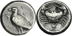 PREMIUM ANCIENT AND WORLD COINS Greece, Sicily, Akragas, TetradrachmRare silver tetradrachm minted in Akragas (now Agrigento) between 425 and 406 BC.Variety with flower under crab. Greece Sicily, Akra