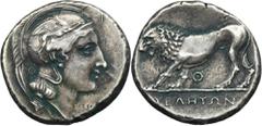 PREMIUM ANCIENT AND WORLD COINS Greece, Lucania, Velia, Didrachm - EXTREMELY RAREExtremely rare Lucan didrachma (also called nomos), with a depiction of a lion on the reverse, the symbol of the city o