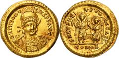 PREMIUM ANCIENT AND WORLD COINS Roman Imperial, Theodosius II, Solidus - VERY RAREVery rare solidus of Theodosius, minted in 3rd officine, marked with Γ at the end of reverse legend. Mint luster on bo