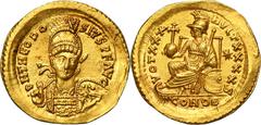 PREMIUM ANCIENT AND WORLD COINS Roman Imperial, Theodosius II, Solidus Mint luster on both sides.Roman Imperial Theodosius II (408–450), Solidus 430-440, Constantinople mintObverse: pearl diademed, he
